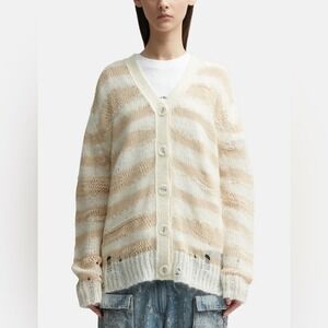 Acne Studios Distressed Oversized Striped Cardigan Sweater Tan & Cream